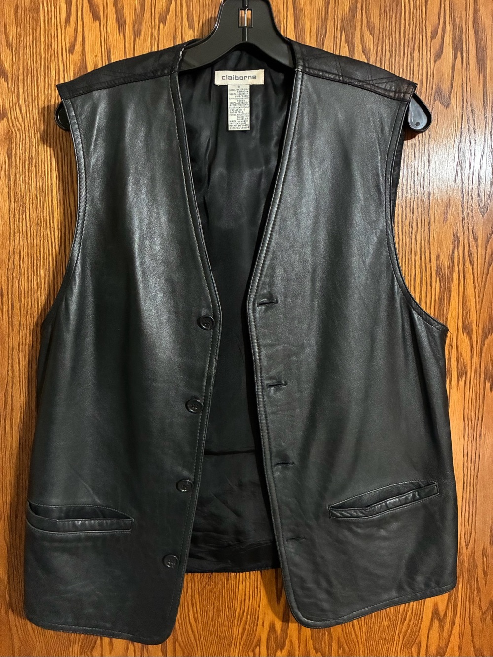 Claiborne Black Leather Button-Front Vest